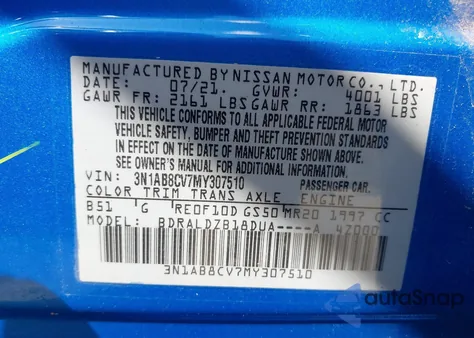 2021 Nissan Sentra Sv Xtronic Cvt из США, поврежденный, VIN 3N1AB8CV7MY307510